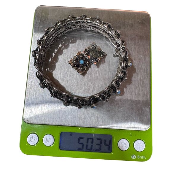 Vtg Silver Filigree Bracelet Turquoise & Clip-On Earrings Set Blue Safety Chain - Picture 10 of 10